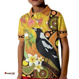 Australia Eucalyptus Flower And Magpie Kid Polo Shirt Aboriginal Art