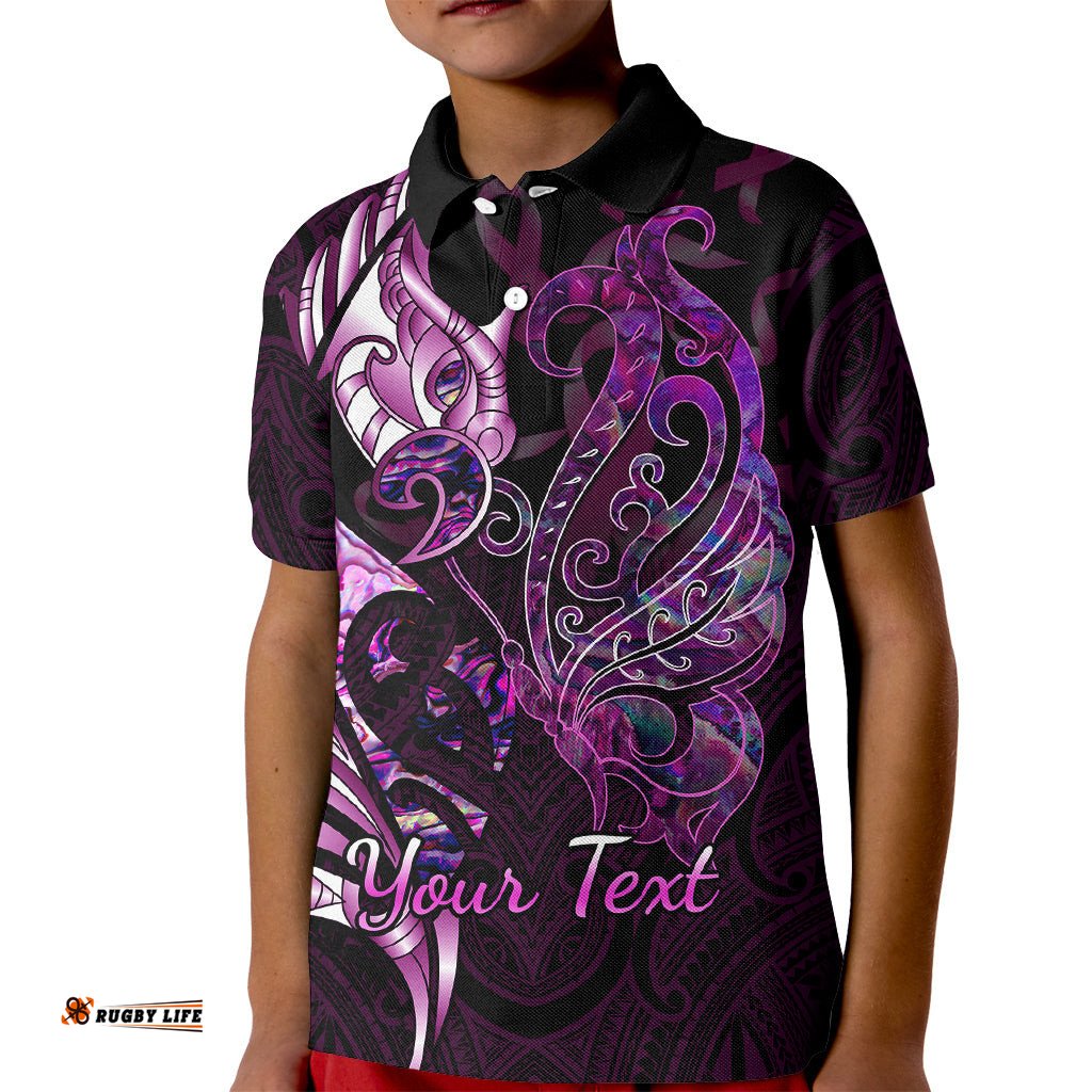 Personalised New Zealand Breast Cancer Kid Polo Shirt Fight Like A Girl Pink Manaia Fern With Paua Shell