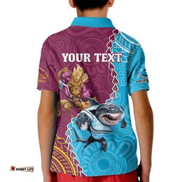 Personalised Sharks And Broncos Rugby Kid Polo Shirt Aboriginal Mix Polynesian Pattern