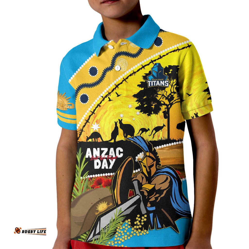 Titans Rugby ANZAC Day Kid Polo Shirt GLD Mascot Rosemary Starry Night