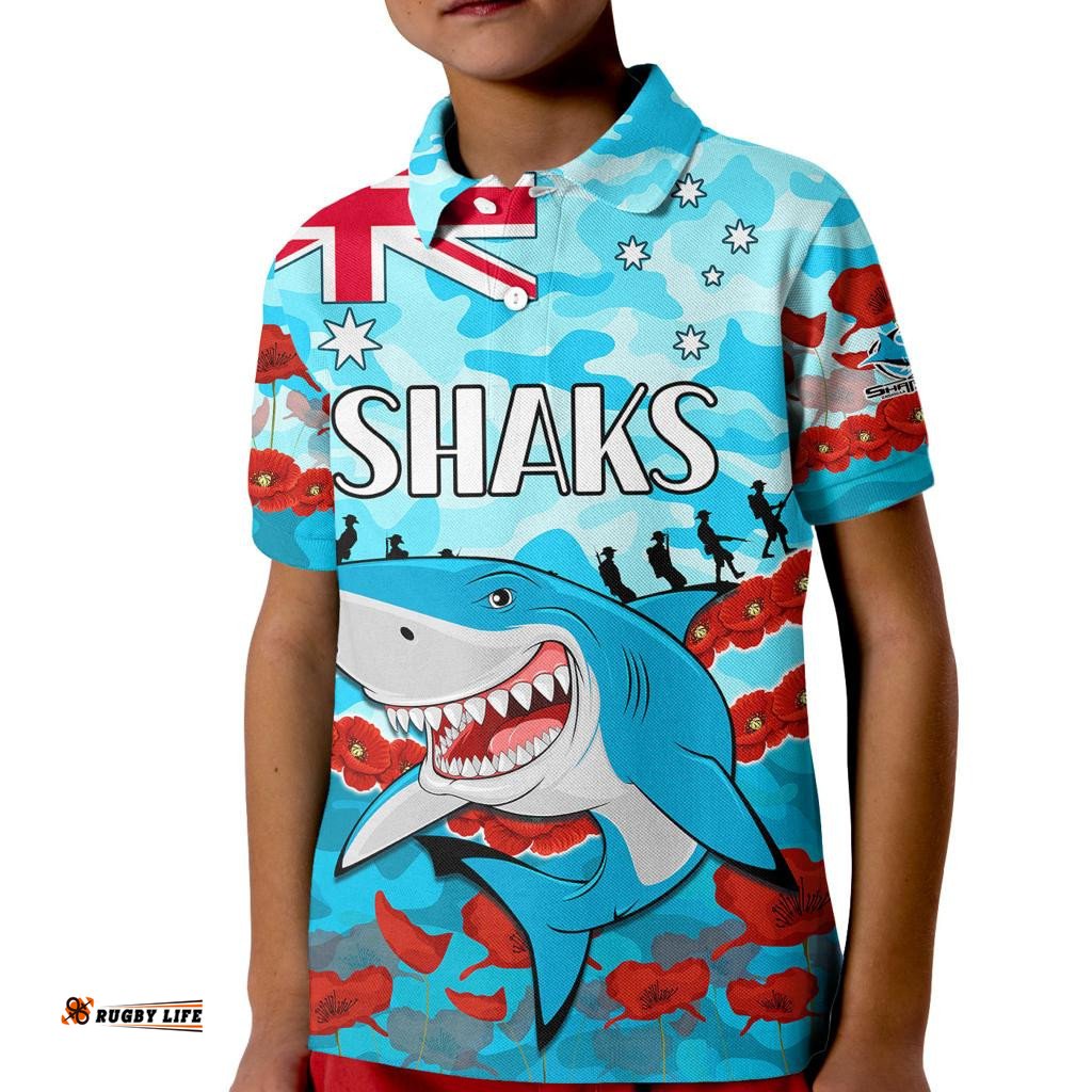 Sharks Rugby ANZAC Kid Polo Shirt Lest We Forget