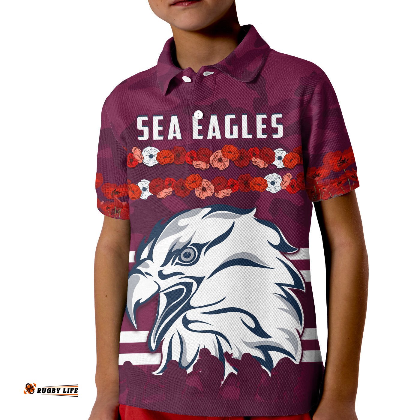 Sea Eagles Anzac Day Polo Shirt KID Poppy Lest We Forget