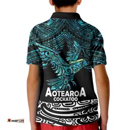 New Zealand Sulphur-crested Cockatoo Kid Polo Shirt Aotearoa Maori Mix Paua Shell