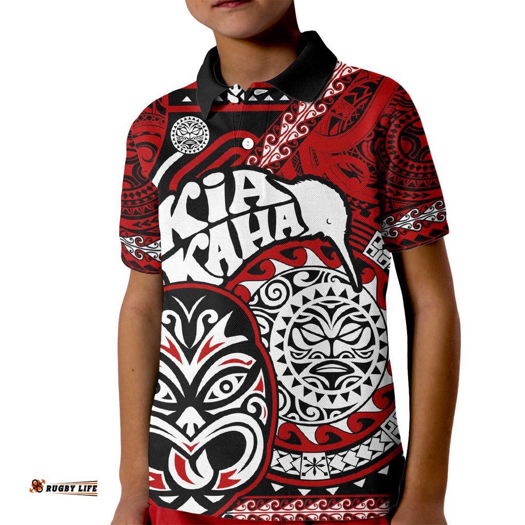 Te Reo Maori New Zealand Kid Polo Shirt Aotearoa Kia Haka Maori Tribal Tattoo Red Style