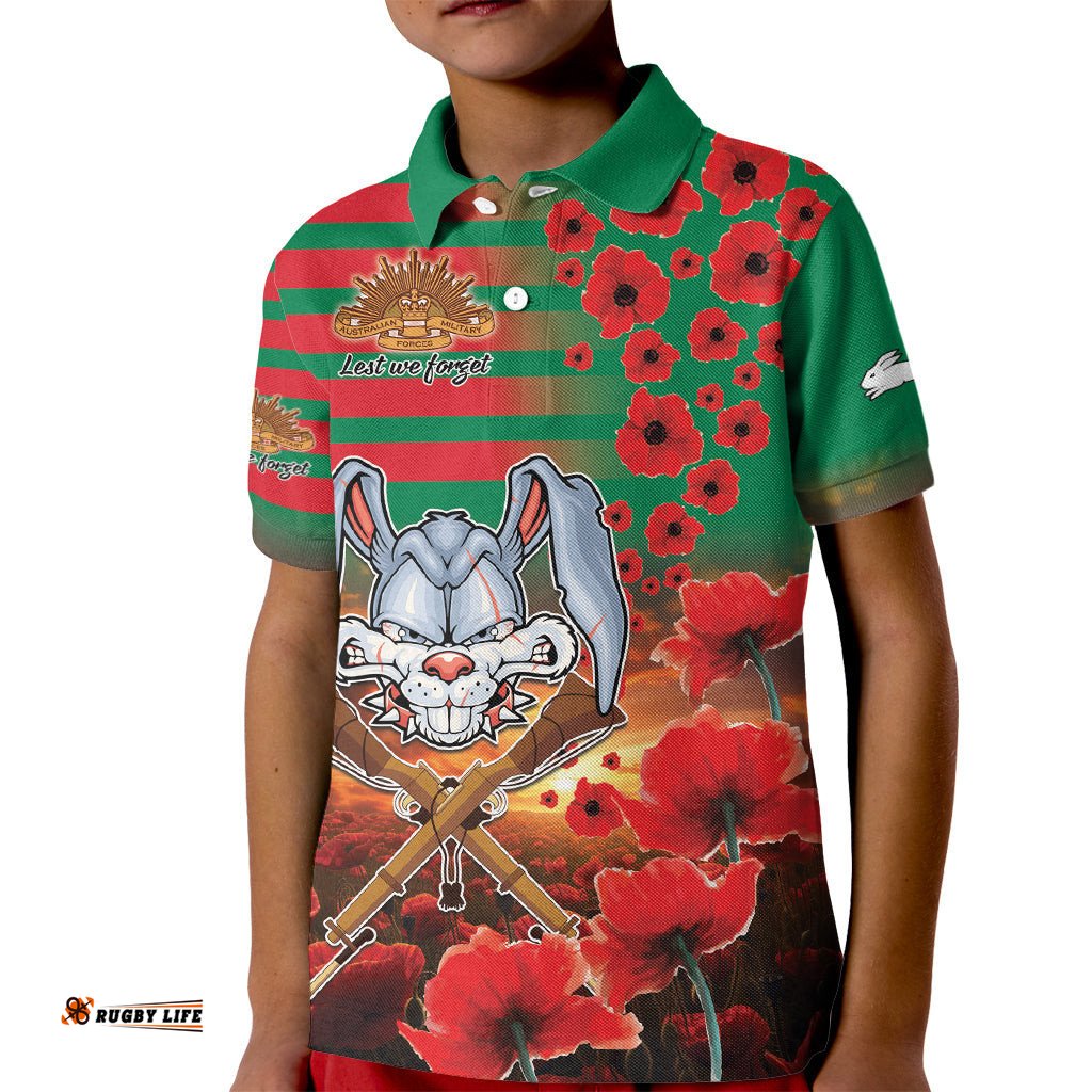 Personalised Rabbitohs Rugby ANZAC Kid Polo Shirt Starry Night and Field of Poppies