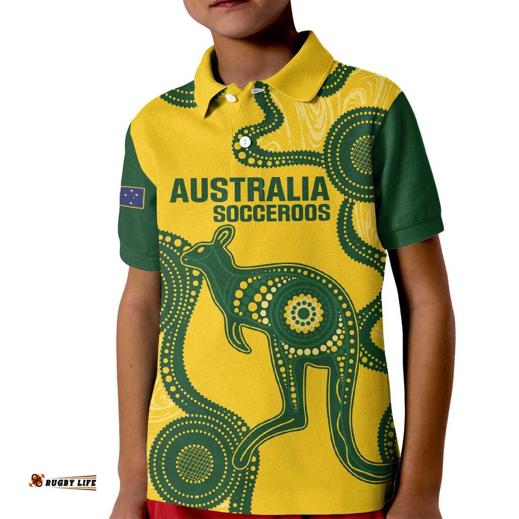 Custom Australia Soccer Kid Polo Shirt Go Socceroos Kangaroo With Indigenous Art