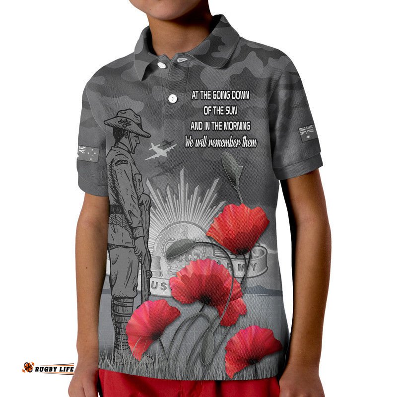Remembrance Day Kid Polo Shirt Soldier Australian Army Rising Sun With Red Poppy