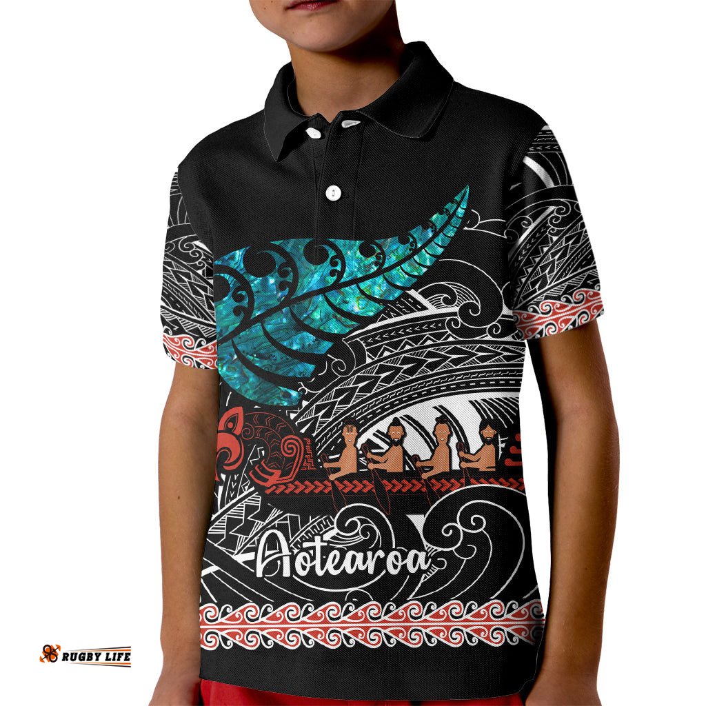 Personalised New Zealand Waka Kid Polo Shirt Aotearoa Maori Silver Fern Pattern