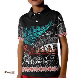 Personalised New Zealand Waka Kid Polo Shirt Aotearoa Maori Silver Fern Pattern