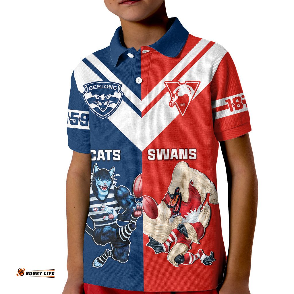Personalised Swans And Cats Football Kid Polo Shirt Sydney Mix Geelong Sporty Version