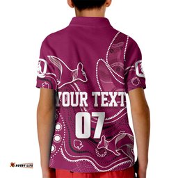 Personalised QLD Maroons Rugby Indigenous Kid Polo Shirt Kangaroo Mix Boomerang