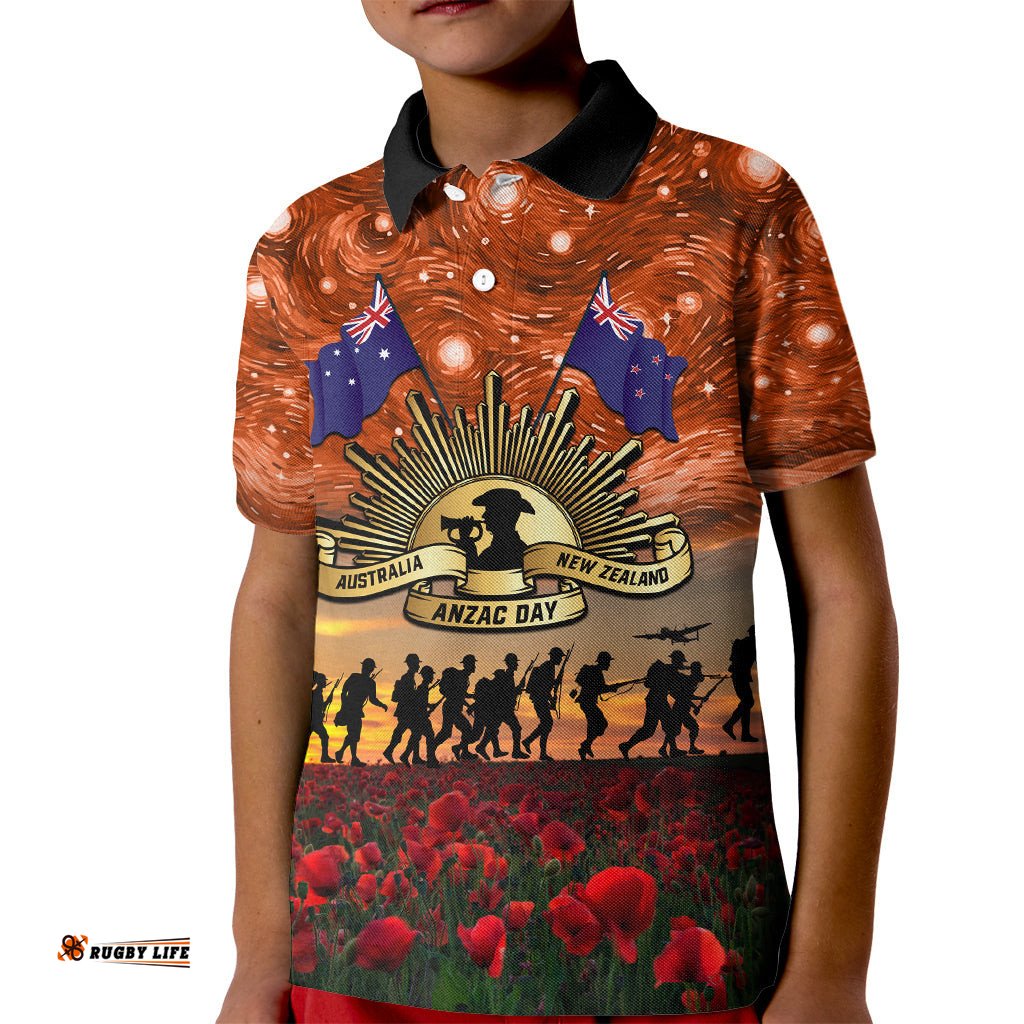 The Rising Sun Badge ANZAC Kid Polo Shirt Last Post Field of Poppy Starry Night Style