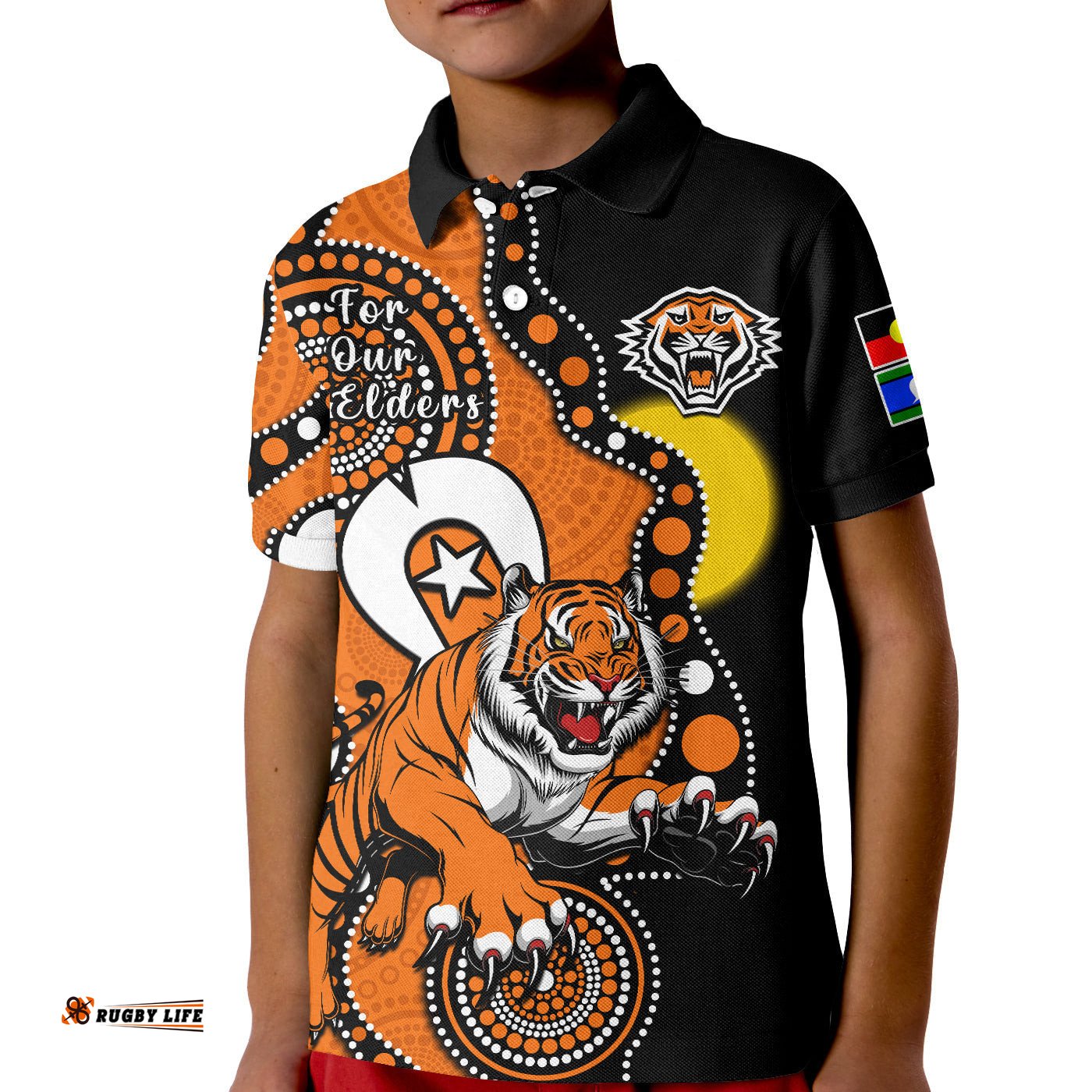 Wests Tigers Rugby NAIDOCPolo Shirt KID For Our Elders Indigenous Art