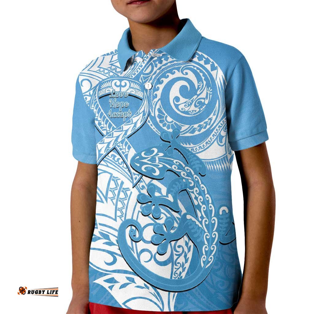 Personalised New Zealand Autism Awareness Kid Polo Shirt NZ Fern With Maori Koru Lizard