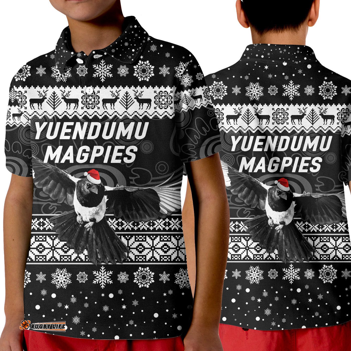 Yuendumu Magpies Football Club Polo Shirt KID Christmas Simple Style - Black