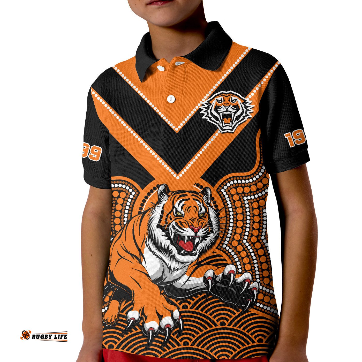 Wests Tigers Rugby Polo Shirt KID Indigenous Black Artsy