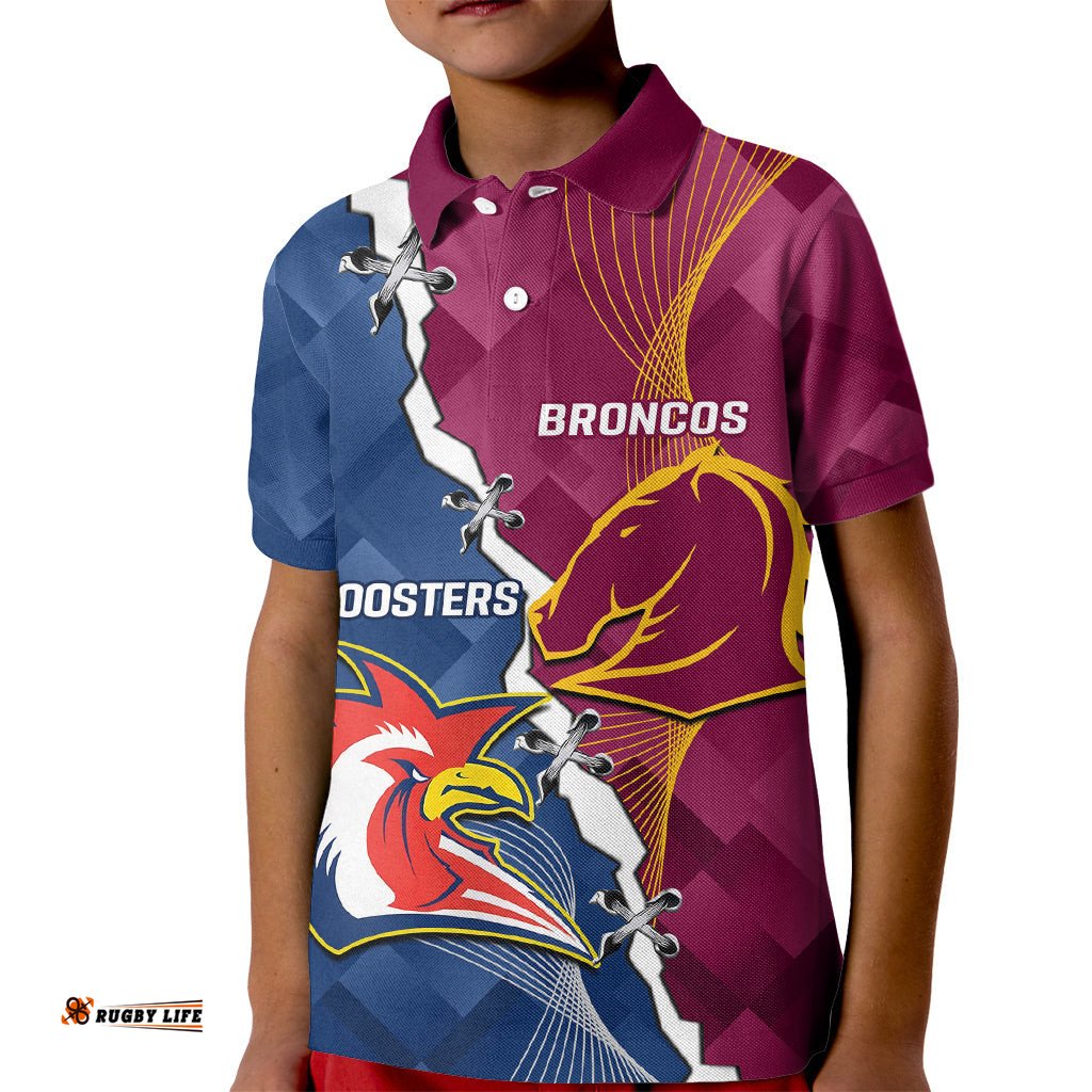 Personalised Roosters And Broncos Rugby Kid Polo Shirt NRL 2024 Dynamic Together
