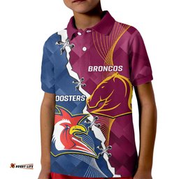 Personalised Roosters And Broncos Rugby Kid Polo Shirt NRL 2024 Dynamic Together