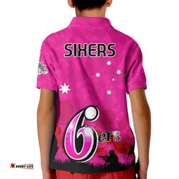 Sydney Sixers Cricket Polo Shirt KID Anzac Day Camouflage Poppy Lest We Forget