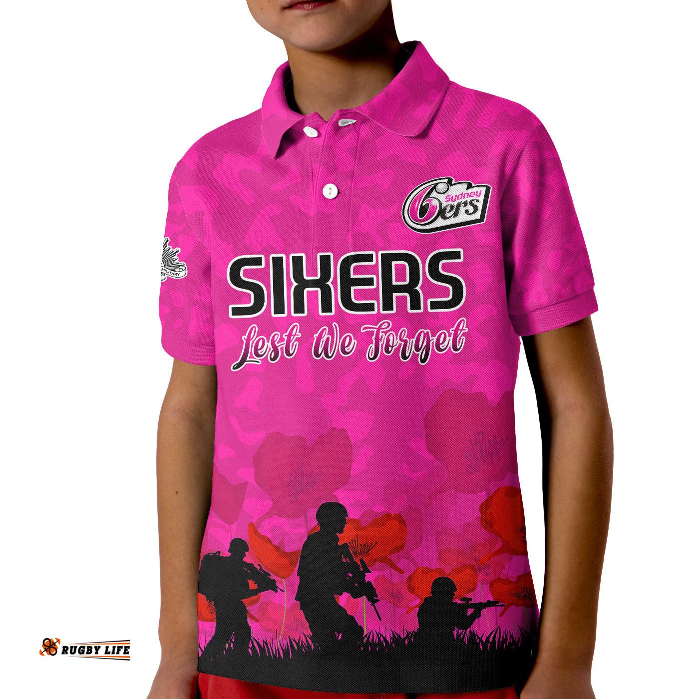 Sydney Sixers Cricket Polo Shirt KID Anzac Day Camouflage Poppy Lest We Forget
