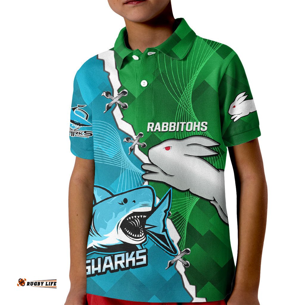 Personalised Sharks and Rabbitohs Rugby Kid Polo ShirtSporty Version