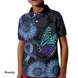 Australia Indigenous Kid Polo Shirt Teal & Purple Sunflower Aboriginal Arts