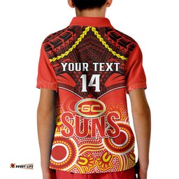 Personalised Gold Coast Football Kid Polo Shirt Suns Aboriginal Mix Polynesian Pattern