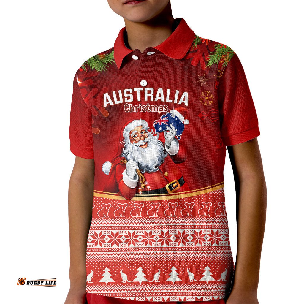 Australia Christmas Kid Polo Shirt Xmas In July Happy Santa Claus With Map Red Style