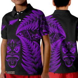 New Zealand Haka Rugby Maori Polo Shirt KID Silver Fern Vibes - Purple