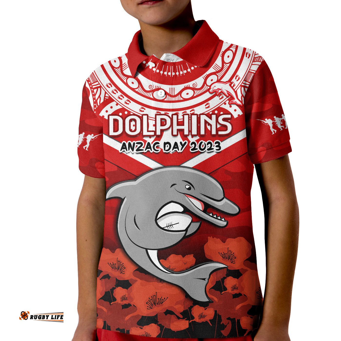 Dolphins Rugby ANZACPolo Shirt KID Dots Poppy Mix Camouflage Lest We Forget