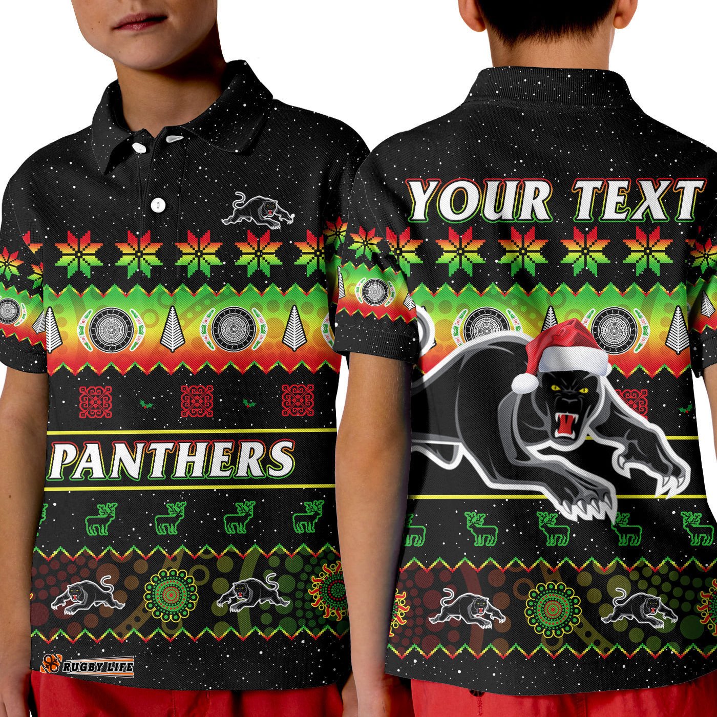 Custom Personalised Penrith Panthers Christmas Polo Shirt KID The Riff Aboriginal Art Merry Xmas
