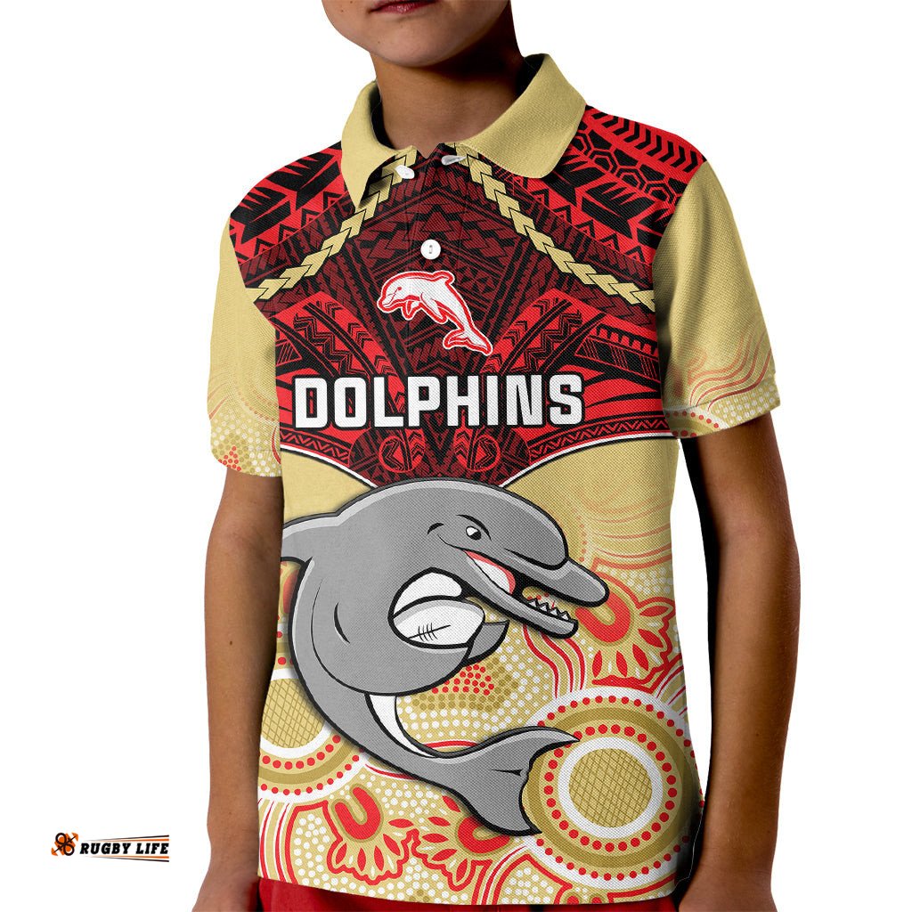 Dolphins Rugby Kid Polo Shirt Aboriginal Mix Polynesian Pattern