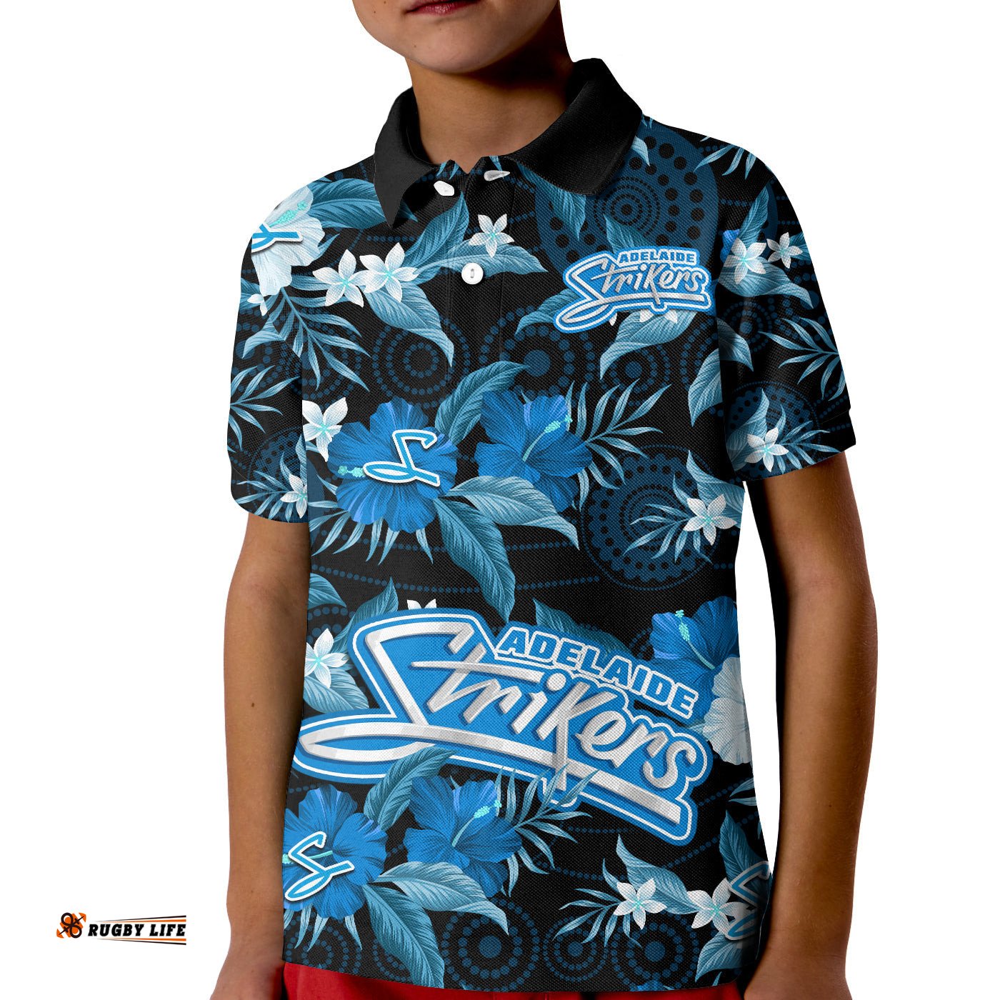 Custom Text And Number Adelaide Strikers Cricket Polo Shirt KID Aboriginal Art Mix Tropical Flowers