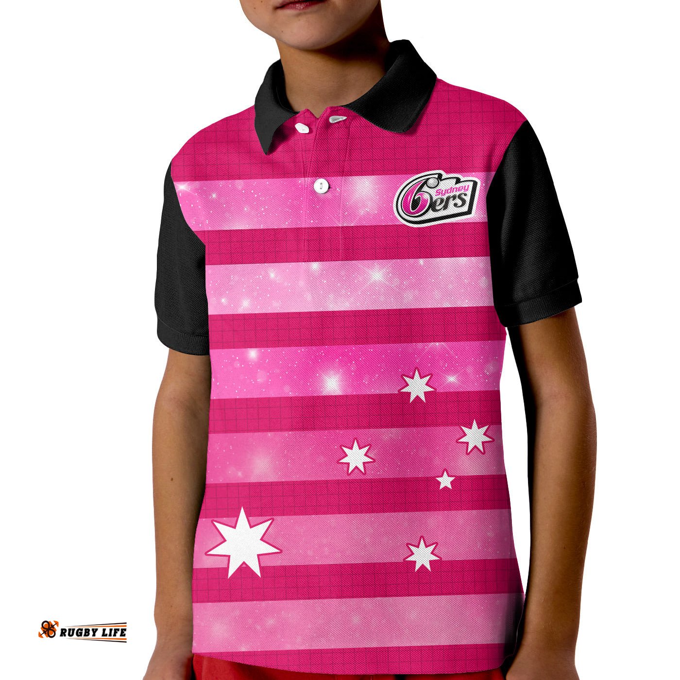 Custom Text and Number Sydney Sixers Cricket Polo Shirt KID Galaxy Star Simple Ver.02
