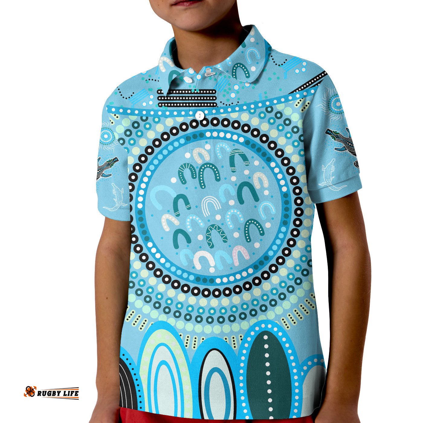 Custom Text and Number Aboriginal Stand Up Polo Shirt KID Circle Dot with Lizard Version Blue