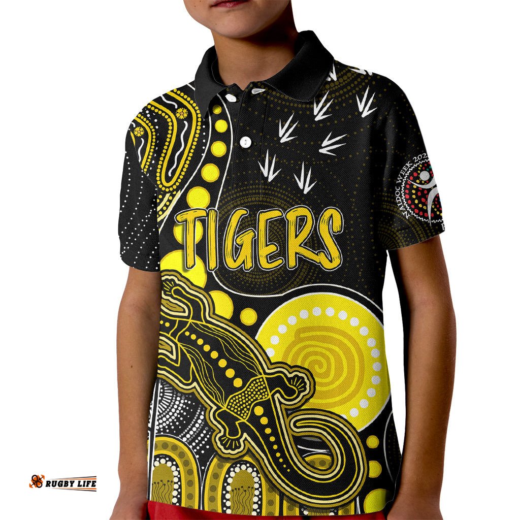 Personalised NAIDOC WeekAFL Tigers Kid Polo Shirt Aboriginal Dot Art Lizard Mix Boomerang