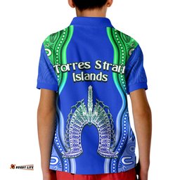 Torres Strait Islands Polo Shirt KID The Dhari Mix Aboriginal Turtle Version Blue