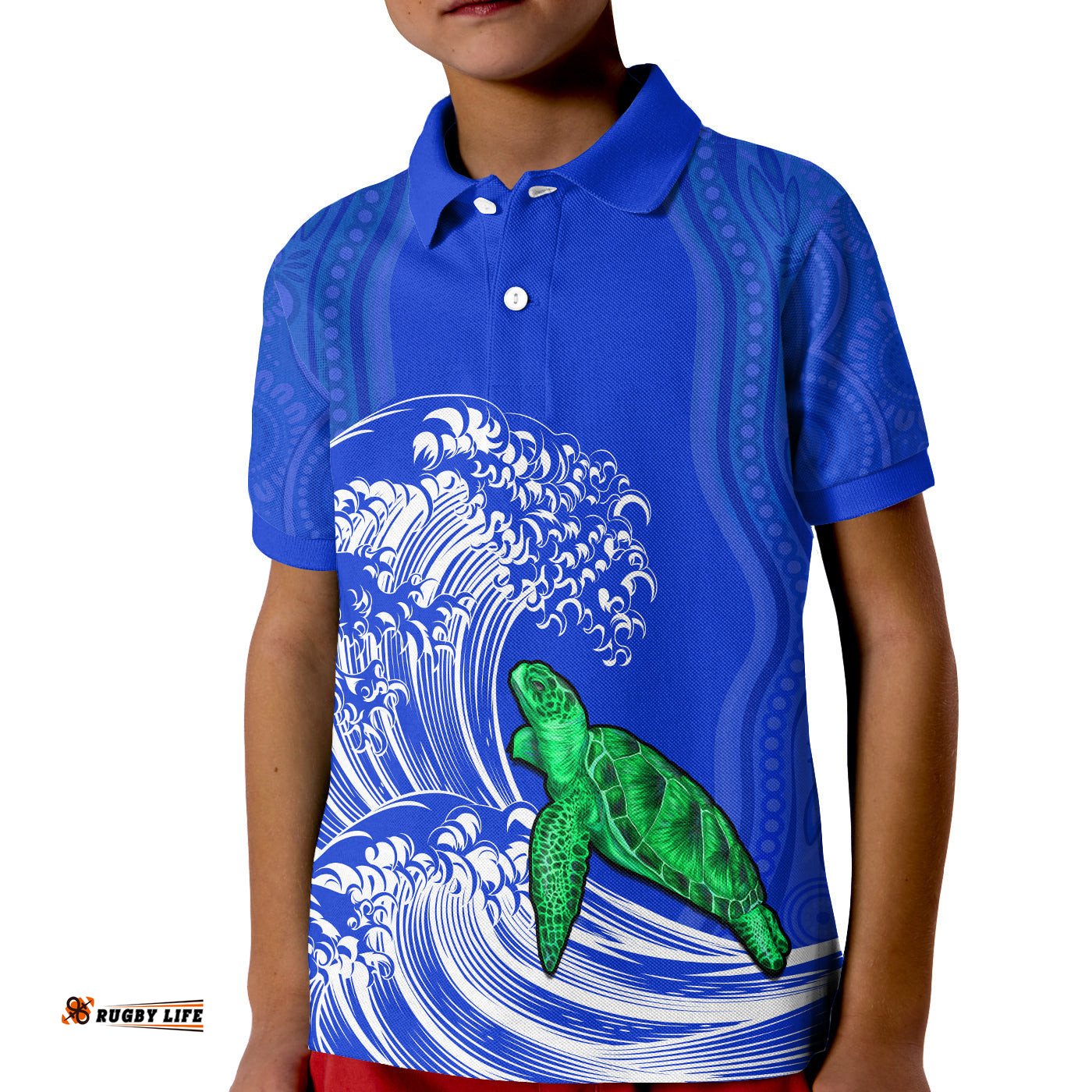 Torres Strait Islands Polo Shirt KID The Dhari Mix Aboriginal Turtle Version Blue