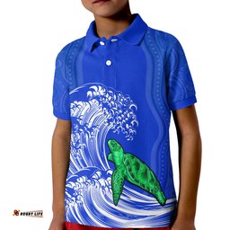 Torres Strait Islands Polo Shirt KID The Dhari Mix Aboriginal Turtle Version Blue
