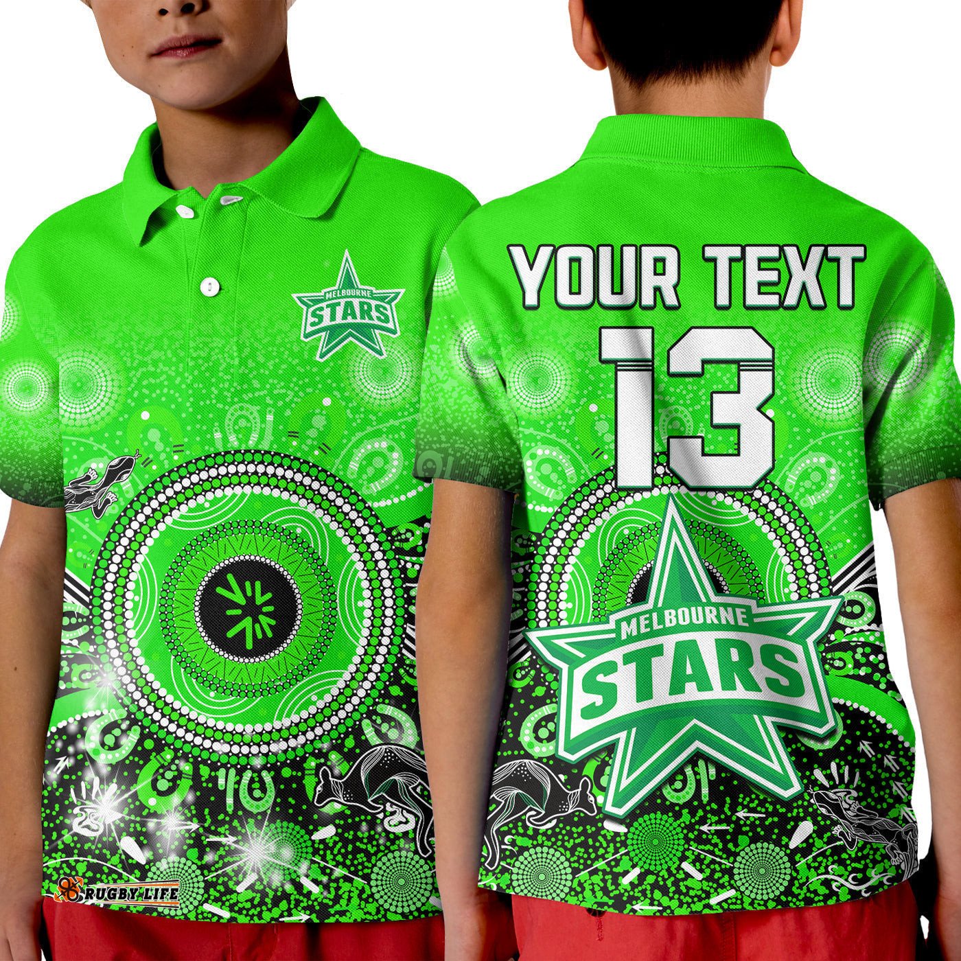Custom Text and Number Melbourne Stars Polo Shirt KID Cricket Aboriginal