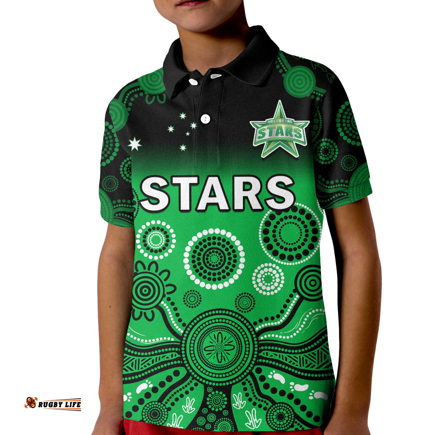 Stars Cricket Polo Shirt KID Melbourne Team Green Gradient Aboriginal Art