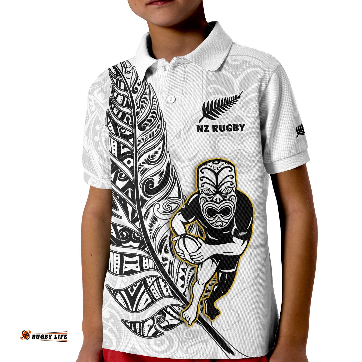 New Zealand Silver Fern Rugby Polo Shirt KID All Black Maori Version White