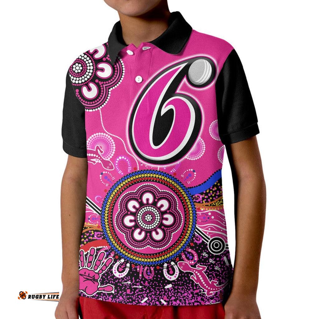 Sydney Sixers Kid Polo Shirt Cricket Indigenous Aboriginal Lizard Version