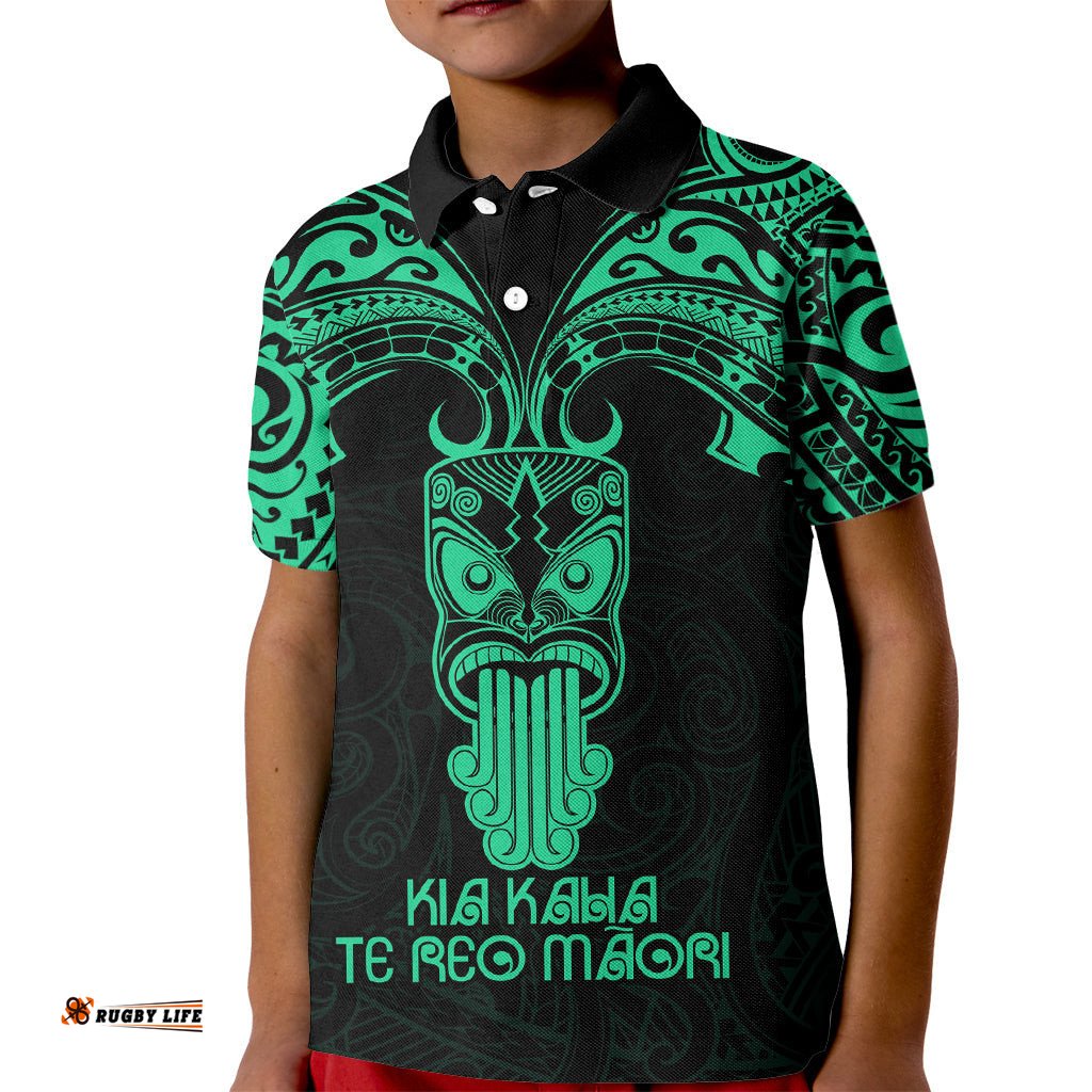 Personalised New Zealand Te Reo Maori Kid Polo Shirt Kia Kaha Maori Language Week Green Style