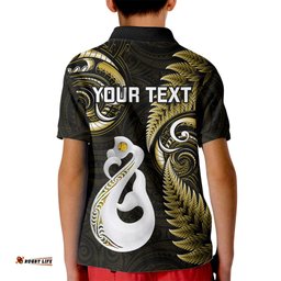 Personalised New Zealand Kid Polo Shirt Aotearoa Silver Fern With Manaia Maori Unique Gold