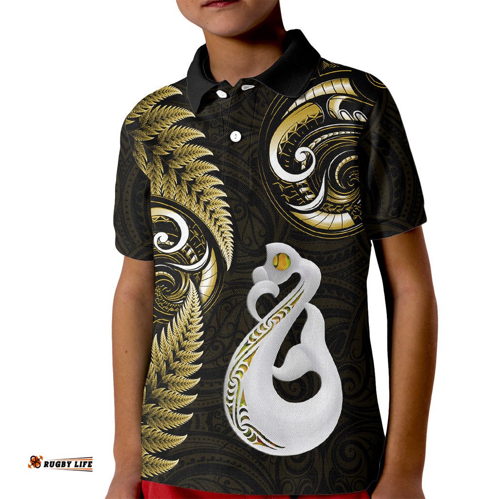 Personalised New Zealand Kid Polo Shirt Aotearoa Silver Fern With Manaia Maori Unique Gold