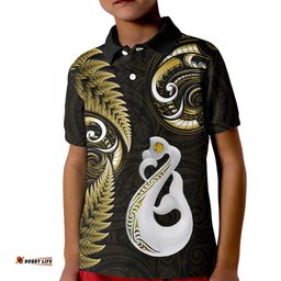 Personalised New Zealand Kid Polo Shirt Aotearoa Silver Fern With Manaia Maori Unique Gold