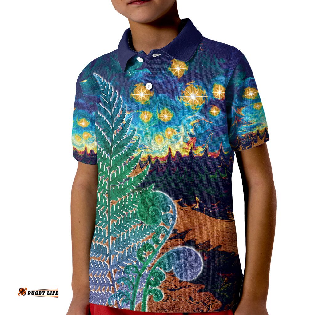 Personalised New Zealand Matariki Art Star Kid Polo Shirt Koru Fern Night Starry Sky