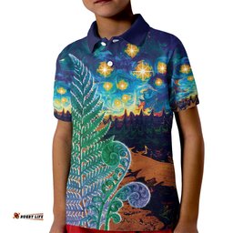 Personalised New Zealand Matariki Art Star Kid Polo Shirt Koru Fern Night Starry Sky