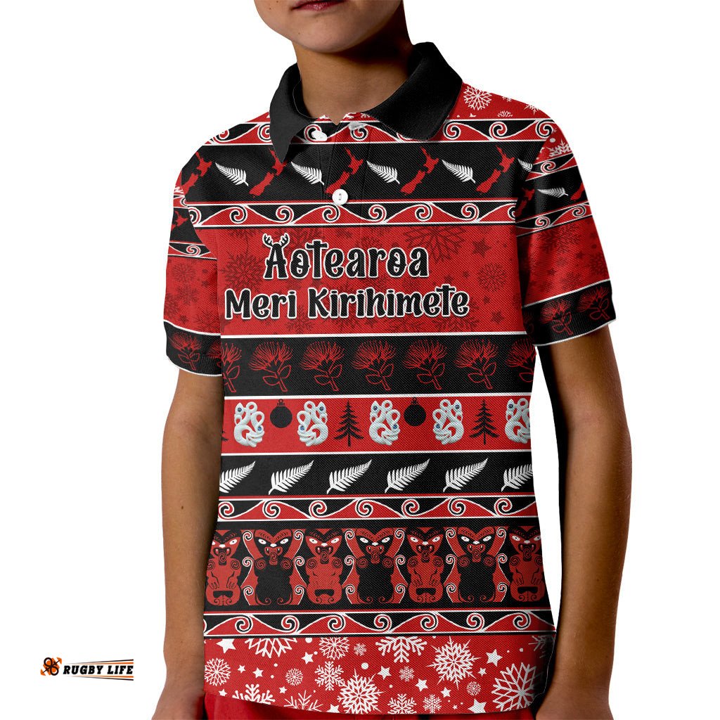 Personalised New Zealand Christmas Kid Polo Shirt Aotearoa Kiwi Meri Kirihimete Red Version